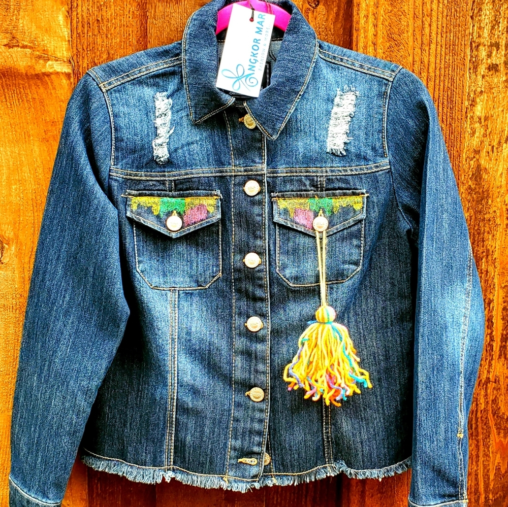 Hummingbird Colorful Denim Jacket Painted Handmade SMALL Size